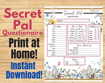 Secret Pal Questionnaire - Work Party Friends Print At Home, Instant Download