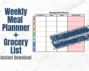 Weekly Meal Planner & Grocery List: Printable PDF (Instant Download)