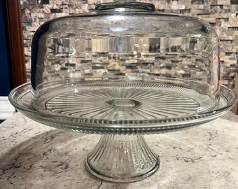 Vintage Anchor Glass Pedestal Cake Stand Ribbed and Clear Glass Lid