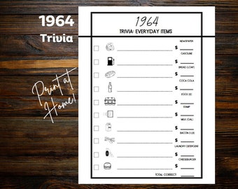 1964 Trivia Everyday Items PRINTABLE 60th Birthday Anniversary Reunion Game