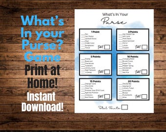 What's In Your Purse Game (Blue), Great for Wedding Bridal Baby showers! Printable, Print at home!