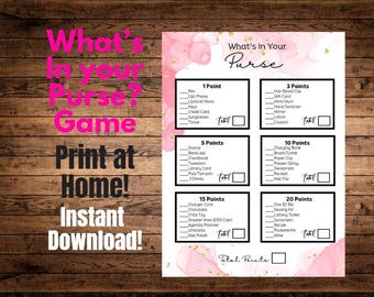 What's In Your Purse Game (Pink & Gold), Great for Wedding Bridal Baby showers! Printable, Print at home!