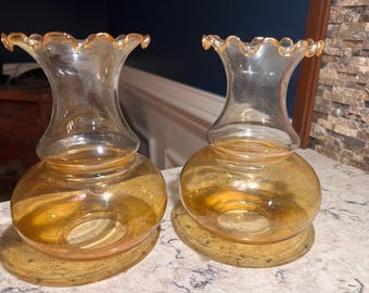 Vintage Oil Lamp Shades Clear Gold Iridescent Set Hand Blown