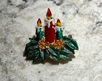 Vintage Candlelight Holly Holiday Christmas Brooch Pin
