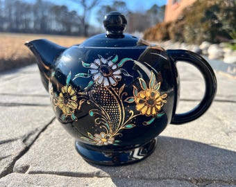 Vintage Mid-Century Japanese Black & Gold Floral Moriage Teapot Handpainted – Made in Japan