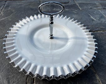 Fenton Silver Crest Milk Glass Serving Plate Platter Tray with Handle, Crimped Ruffle Design Vintage
