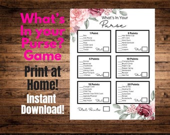 What's In Your Purse Game (Floral Pink), FUN game for work parties, Wedding Bridal showers! Printable, Print at home!