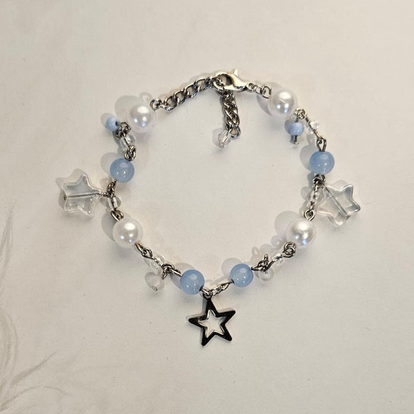 Silver Beaded Blue & White Adjustable Bracelet | y2k Fairycore Aesthetic | Adjustable Pastel Star Bracelet