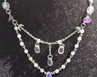 Collier de perles de cristal superposées violettes | Collier cascade en acier inoxydable avec perles | Collier ajustable fait main noyau de fée | Bijoux fille