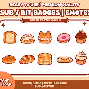 Puede incluir: Un conjunto de 10 ilustraciones digitales de emotes y badges de Twitch con temática de pan y pastelería. Los emotes incluyen un rollo de canela, una dona, un cupcake, un croissant, una hogaza de pan, una pila de panqueques y una pastelería con forma de gato. Las insignias son de varios tamaños, incluyendo 18x18, 36x36, 72x72 y 500x500 píxeles.