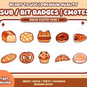 Puede incluir: Un conjunto de 10 insignias y emoticonos digitales con varios diseños de pan y pastelería. Los diseños incluyen una hogaza de pan, un pan de melón, una pastelería con cara de gato, una dona de chocolate, un croissant, un pretzel, un muffin, un croissant y un bollo. El texto "BREAD PASTRY PACK 1" está en la parte superior de la imagen.