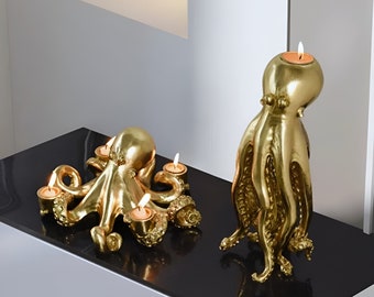 Gouden Octopus Kandelaar - Harsornamenten, Dierenbeeldje, Kaarshouder, Cthulhu Beeldje, Huiswoonkamer, Bureaubladdecoraties