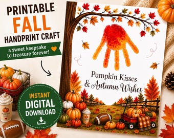 Fall Handprint Craft Printable | Pumpkin Kisses & Autumn Wishes | Baby and Toddler Autumn Keepsake | Pumpkin Craft | Instant Download