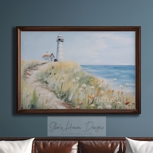 Printable Coastal seashore lighthouse, maritime, Atlantic scenery, digital download wall art, Oil Painting, waves