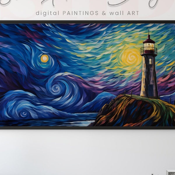 Printable Majestic Seashore lighthouse, Atlantic ocean scenery, Starry Night inspired painting, wall art, digital Oil Painting, 28 sizes