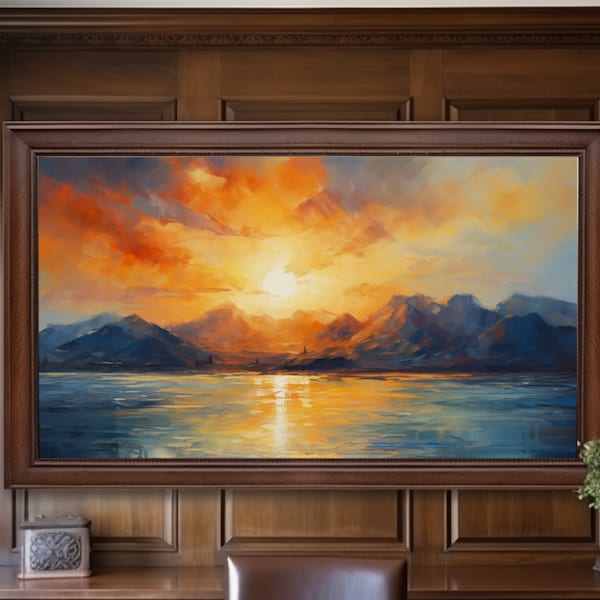 Printable Landscape Ocean Sunset Painting, vibrant sunburst mountain terrain, digital download wall art, vivid colors, oil painting