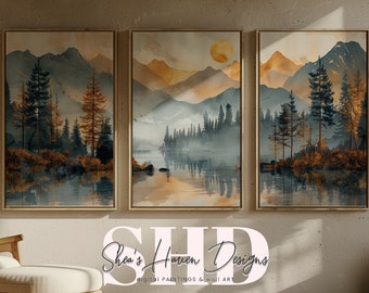 3-Panel Mountain Watercolor Landscape paintings, Majestic Scenery, Digital Download, Printable Art Work, plus extra full size digital prints