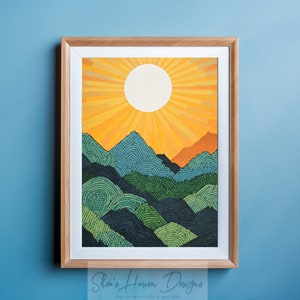 Pode incluir: Uma pintura digital de uma cordilheira com um sol amarelo brilhante no fundo. As montanhas são compostas por redemoinhos verdes, azuis e marrons. O sol tem um centro branco e raios amarelos.