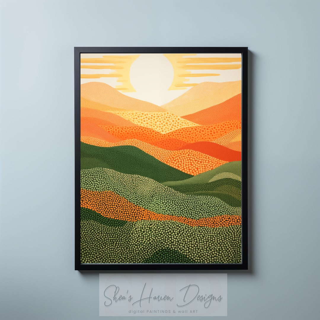 Arte de pared de puesta de sol en la montaña, puntillismo, abstracto ...