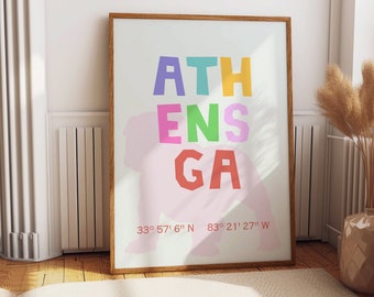 Athens GA art print, Athens Colorful Wall Art, College Poster, University of Georgia, UGA Dawgs Poster, University of Georgia Girly Decor