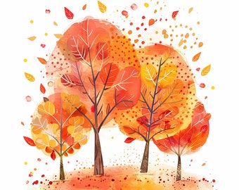 May include: Watercolor painting of three trees with orange, yellow, and red leaves. The trees are set against a white background with scattered orange and yellow dots.