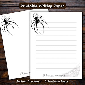 Puede incluir: Dos hojas de papel de escritura imprimibles con temática de Halloween. Cada hoja presenta una ilustración de araña negra y el texto "Weave your thoughts...". El banner superior dice "Printable Writing Paper" y el banner inferior dice "Instant Download • 2 Printable Pages".