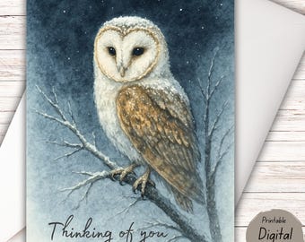 Thinking of You Owl Card Printable | Winter Barn Owl Greeting Card | Peaceful Encouragement 5x7 Foldable PDF