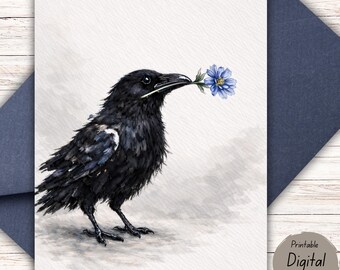 Raven with Wild Flower Note Card, Blank All Occasion Greeting Card, Thinking of You, Sympathy, Thank You Card, Anniversary Card, Printable