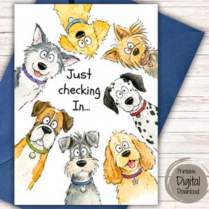 Tarjeta imprimible divertida de perro pensando en ti, tarjeta de saludo, tarjeta de felicitación de perro adorable, PDF plegable de 5x7, descarga instantánea.