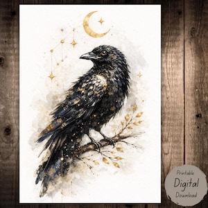 Printable Raven Blank Note Card • Celestial Raven Art Card • Gold Accent Illustration • Blank Note Card• Junk Journal