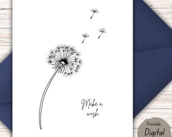 Make a Wish Printable Card, Minimalist Dandelion Encouragement Card, Thinking of You Card, Inspirational Digital Download
