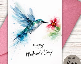Hummingbird Mother’s Day Card Printable | Watercolor Floral Bird Card | 5x7 Foldable Greeting Card | Instant Digital Download
