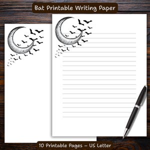 Papel de carta imprimible de murciélagos – Papelería gótica – Papel de carta con estética oscura – Páginas de diario rayadas y en blanco – Descarga de carta estadounidense