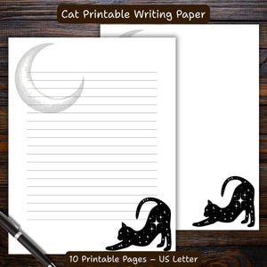 Cat Writing Paper Printable – Gothic Celestial Moon Stationery PDF, Dark Aesthetic Lined & Blank Journal Pages, US Letter Digital Download