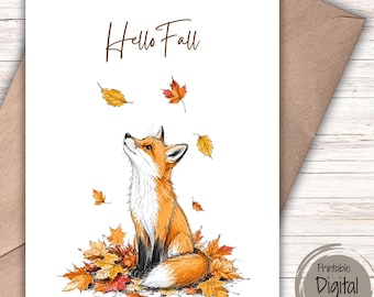 Hello Fall Fox Card Printable, Fall Fox Greeting Card, Autumn Fox Card, Woodland Animal Card, Cute Fox Card, Printable 5x7 Foldable PDF