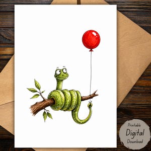 Snake Birthday Card Printable, Green Tree Python Card, Reptile Lover Birthday Card, Minimalist Watercolor Greeting Card