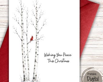Biglietto di Natale stampabile / Biglietto invernale con cardinali / Auguri di Natale sereni / Biglietto di auguri natalizio minimalista / Download digitale PDF 5x7