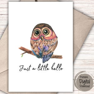 Può includere: Un biglietto d'auguri con un'illustrazione ad acquerello di un gufo marrone, rosa e blu appollaiato su un ramo. Il gufo ha grandi occhi scuri ed è centrato sopra il testo nero che recita, Just a little hello, in un carattere corsivo.