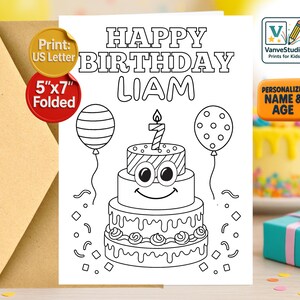 Biglietto di compleanno da colorare personalizzato - Stampabile, Nome ed età personalizzabili, Divertente attività fai da te per bambini