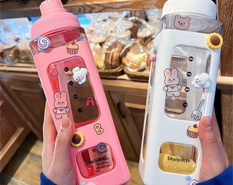 Adorable Bear Hug Sippy Bottle, Korean Square Plastic Drinkware with Straw, Kawaii 3D Bear Sticker, Portable 700ml Delight