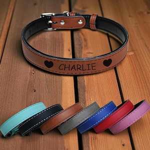 May include: A brown leather dog collar with the name "Charlie" and heart symbols. The collar is displayed with several colored collars: teal, black, brown, gray, blue, red, and purple. The collars are on a wooden surface.