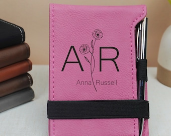 Custom Pocket Notebook with Pen, Refillable Personalized Leather Journal, Small Notepad, Business Gift with Logo, Engraved Gift for Her
