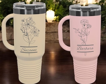 Custom Birth Flower 40oz Tumbler, Personalized Tumbler with Handle, Bridesmaid Gift,Birthday Gift For Her, Bridal Party Gift, Wedding Gift