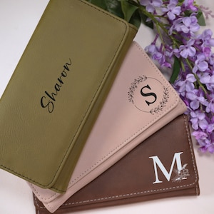 Cartera de piel personalizada para mujer, monedero personalizado, cartera con cremallera, regalo de Navidad, billetera, cartera de mano, nombre grabado