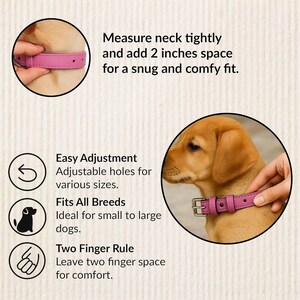 May include: A pink dog collar with a silver buckle is shown in a circular image. The text reads: Measure neck tightly and add 2 inches space for a snug and comfy fit. Easy Adjustment. Fits All Breeds. Two Finger Rule.