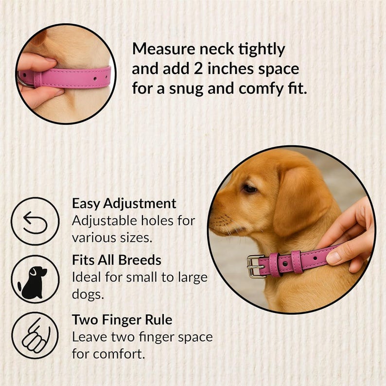 May include: A pink dog collar with a silver buckle is shown in a circular image. The text reads: Measure neck tightly and add 2 inches space for a snug and comfy fit. Easy Adjustment. Fits All Breeds. Two Finger Rule.