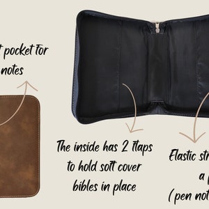 May include: Brown faux leather Bible cover with a zipper closure, a front pocket for notes, and a carrying handle. The inside has two flaps to hold a soft cover Bible in place and an elastic strap to hold a pen.