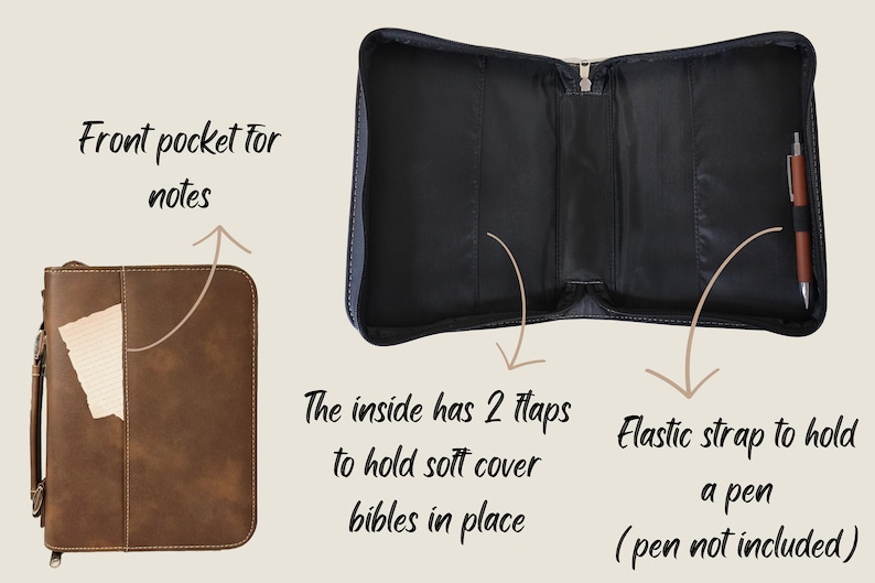 May include: Brown faux leather Bible cover with a zipper closure, a front pocket for notes, and a carrying handle. The inside has two flaps to hold a soft cover Bible in place and an elastic strap to hold a pen.
