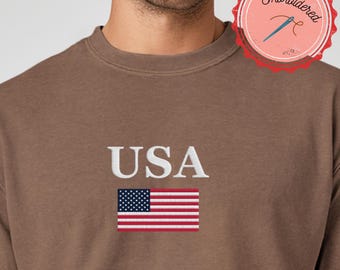 Embroidered US Flag T-Shirt, USA Flag Shirt, Comfort Colors®, United States of America Shirt, Custom Embroidered 4th of July T-Shirt
