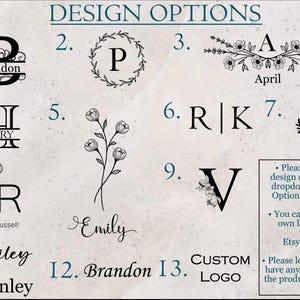 May include: A graphic showing 13 different design options for engraving. The options include initials, names, and floral designs. The text "Engraving Options" is on the right side of the image.